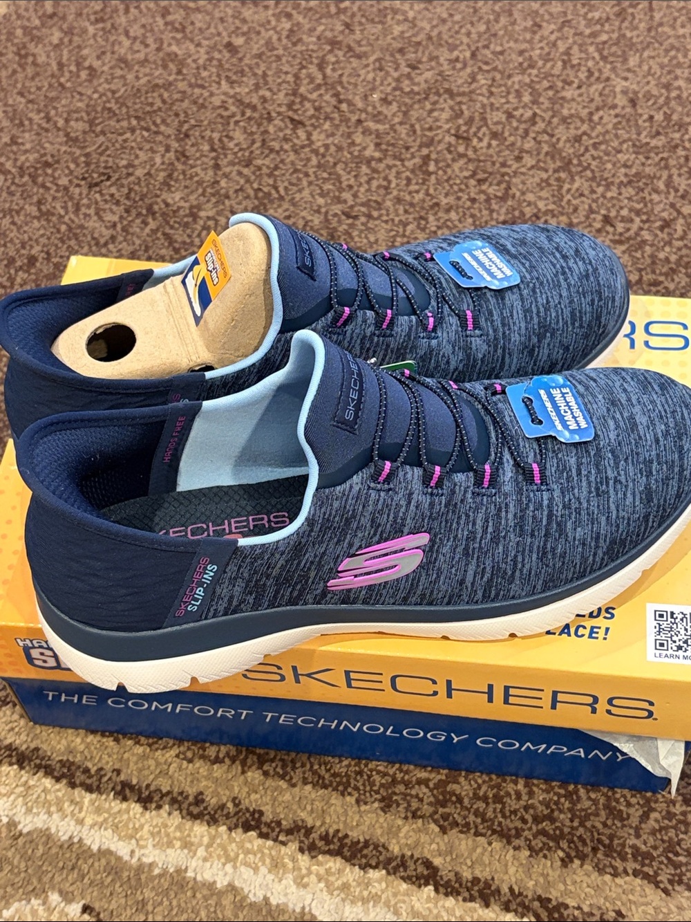 Skechers Navy Sneakers with Pink Accents Slip-On Athletic Shoes